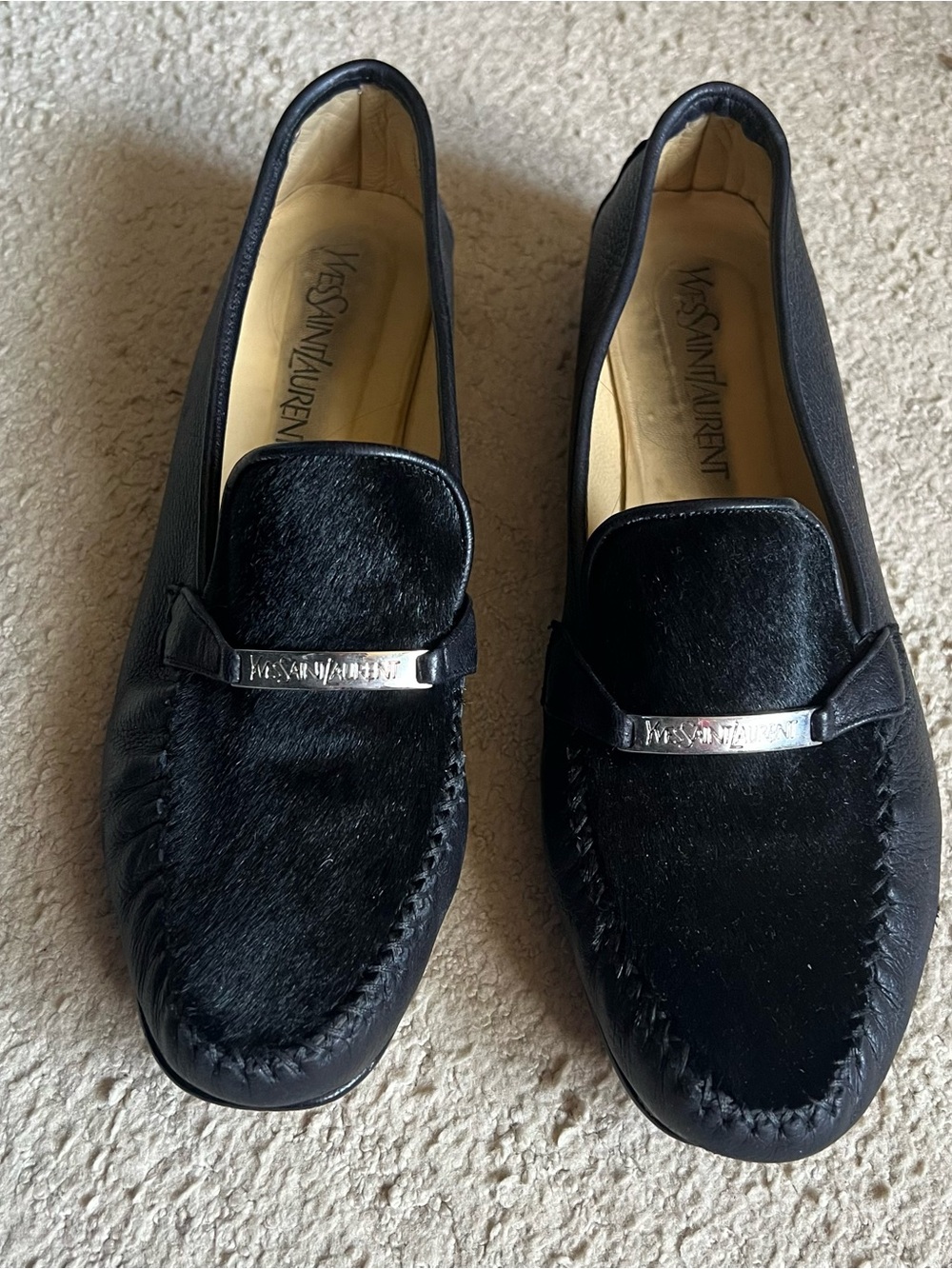 Yves Saint Laurent Black Calf-Hair & Leather Slip-On Loafers